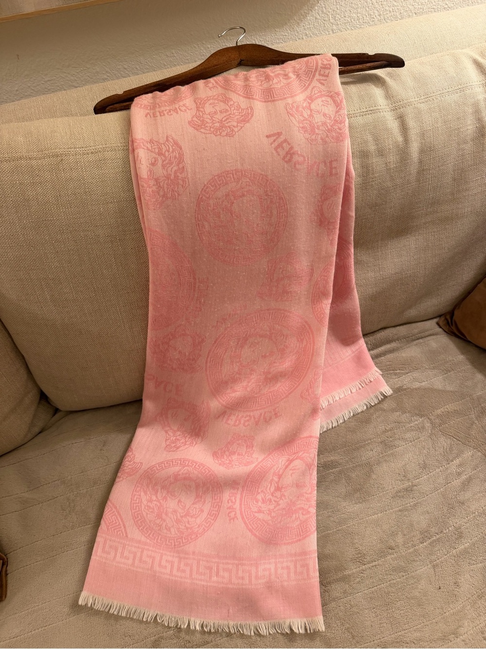 Versace Pink Medusa Logo Fringe Scarf Wrap Shawl